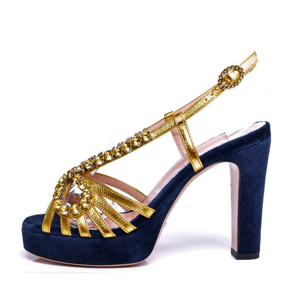 Gucci Velvet Nappa Crystal Zephyra Slingback Platform High Heel Sandals 36.5 Blue Gold 1 of 10