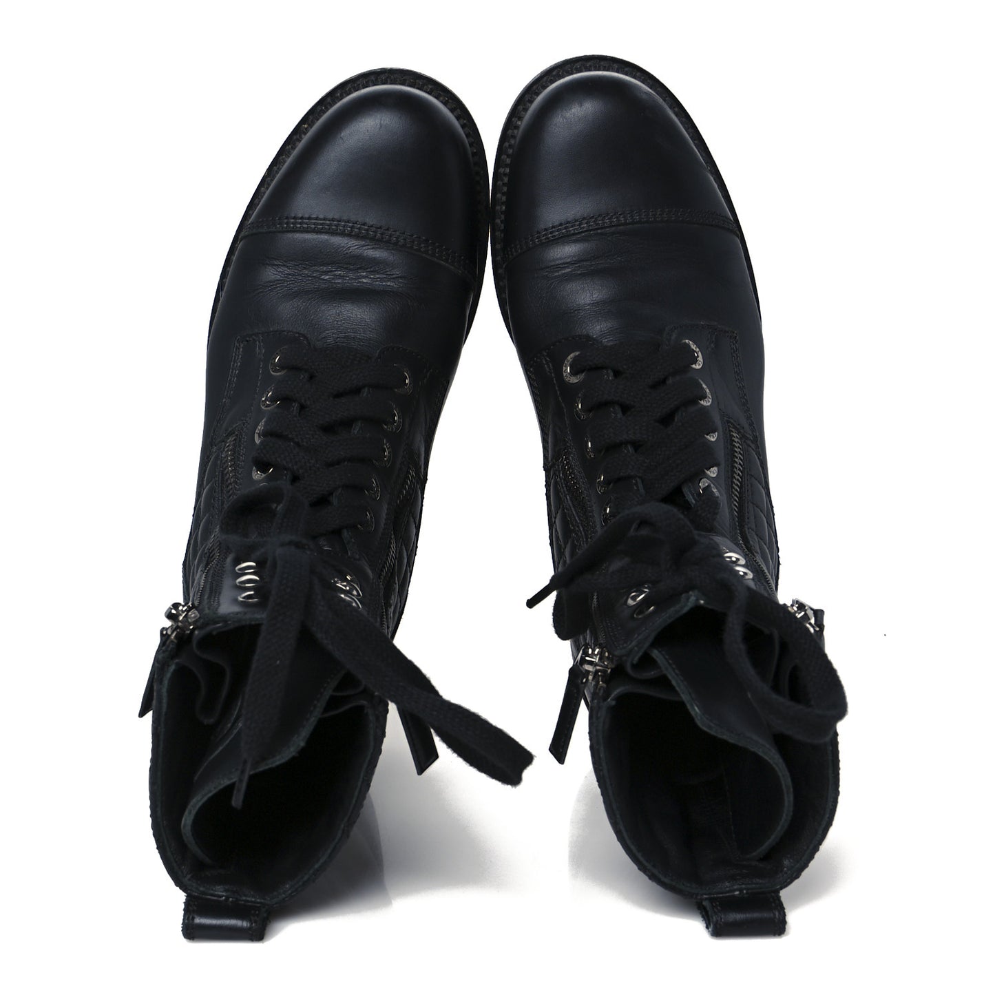 Calfskin Quilted Lace Up Combat Boots 39 Black