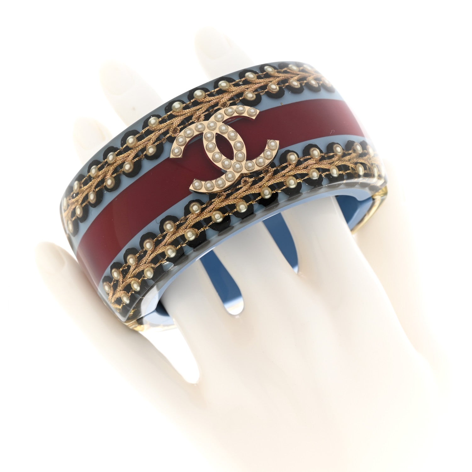 Chanel Resin Striped Pearl CC Cuff 2 of 5