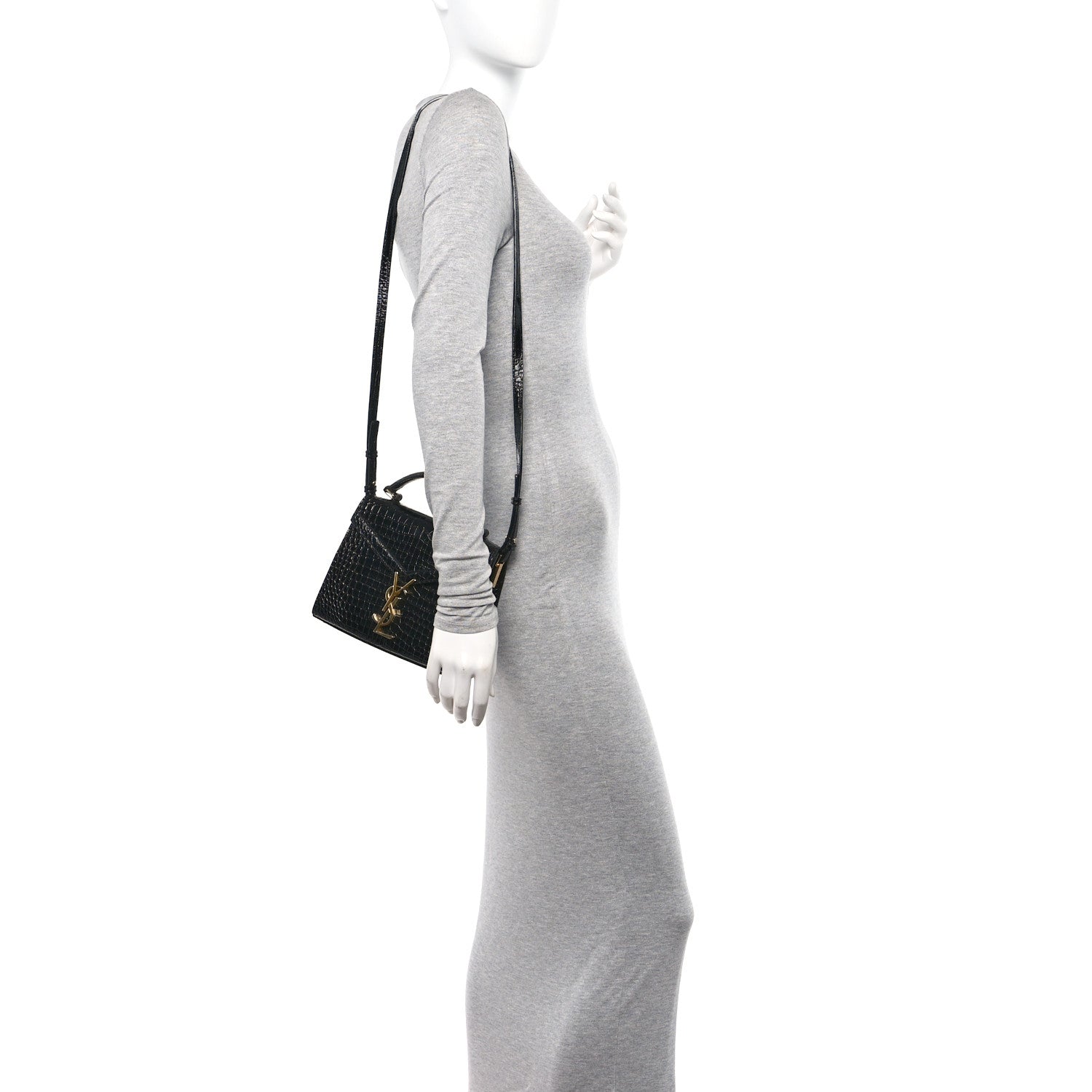 Saint Laurent Calfskin Crocodile Embossed Mini Classic Monogram Cassandra Top Handle Black 2 of 11