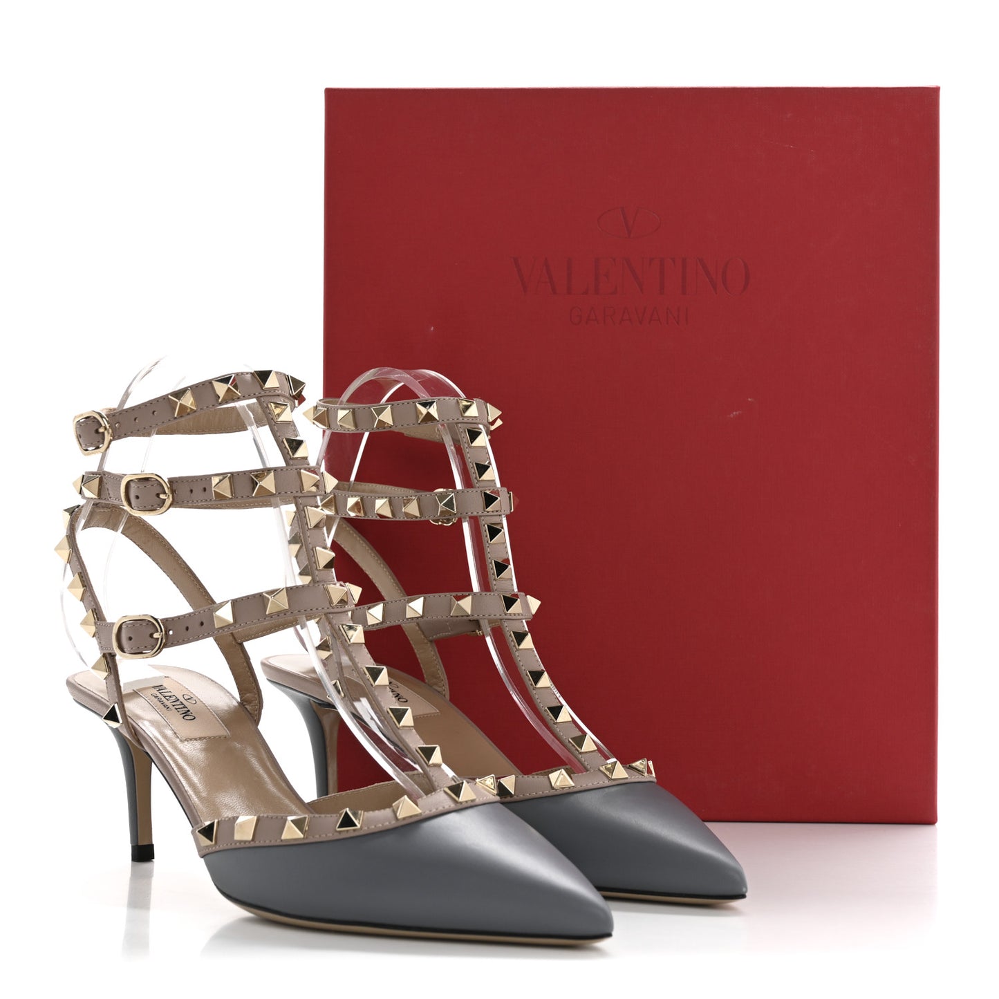 Calfskin Nappa Rockstud Ankle Strap 65mm Pumps 38 Light Stone Poudre