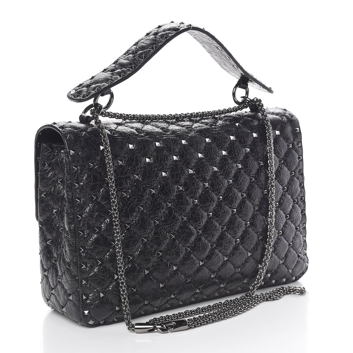 Craquele Nappa Large Rockstud Spike Shoulder Bag Black