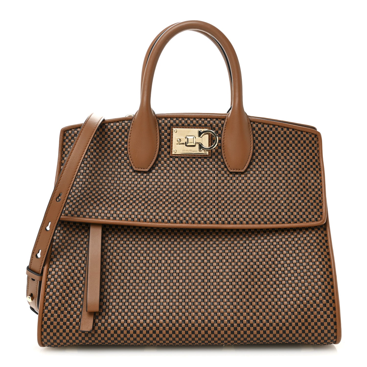 Salvatore Ferragamo Woven Calfskin Medium Studio Top Handle Bag Tan Black 1 of 12