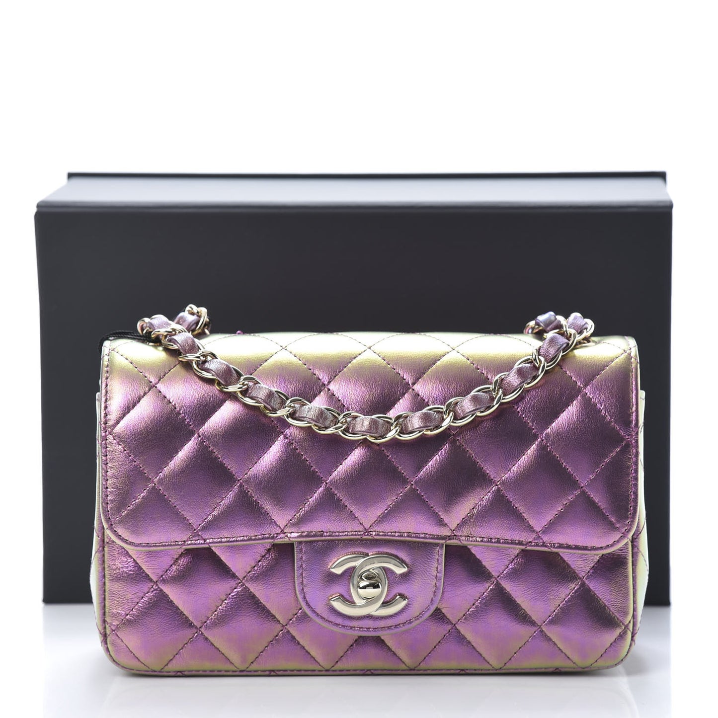 Iridescent Lambskin Quilted Mini Rectangular Flap Purple
