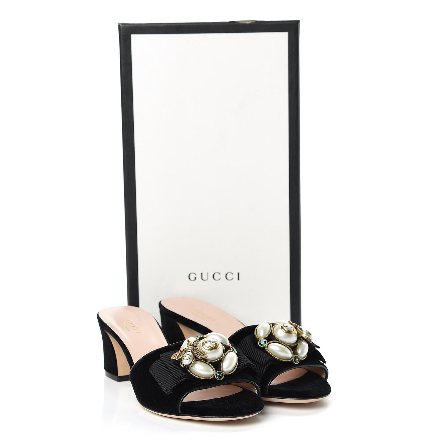 Velvet Etoile Pearl Embellished Mid Heel Slide Sandals 35.5 Black