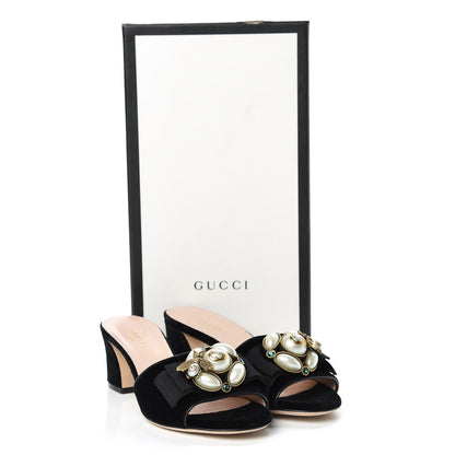 Gucci Velvet Etoile Pearl Embellished Mid Heel Slide Sandals 35.5 Black 8 of 8