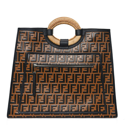 Fendi Vitello Century Wicker FF Embossed Large Runaway Shopper Tote Tobacco Black 1 of 12