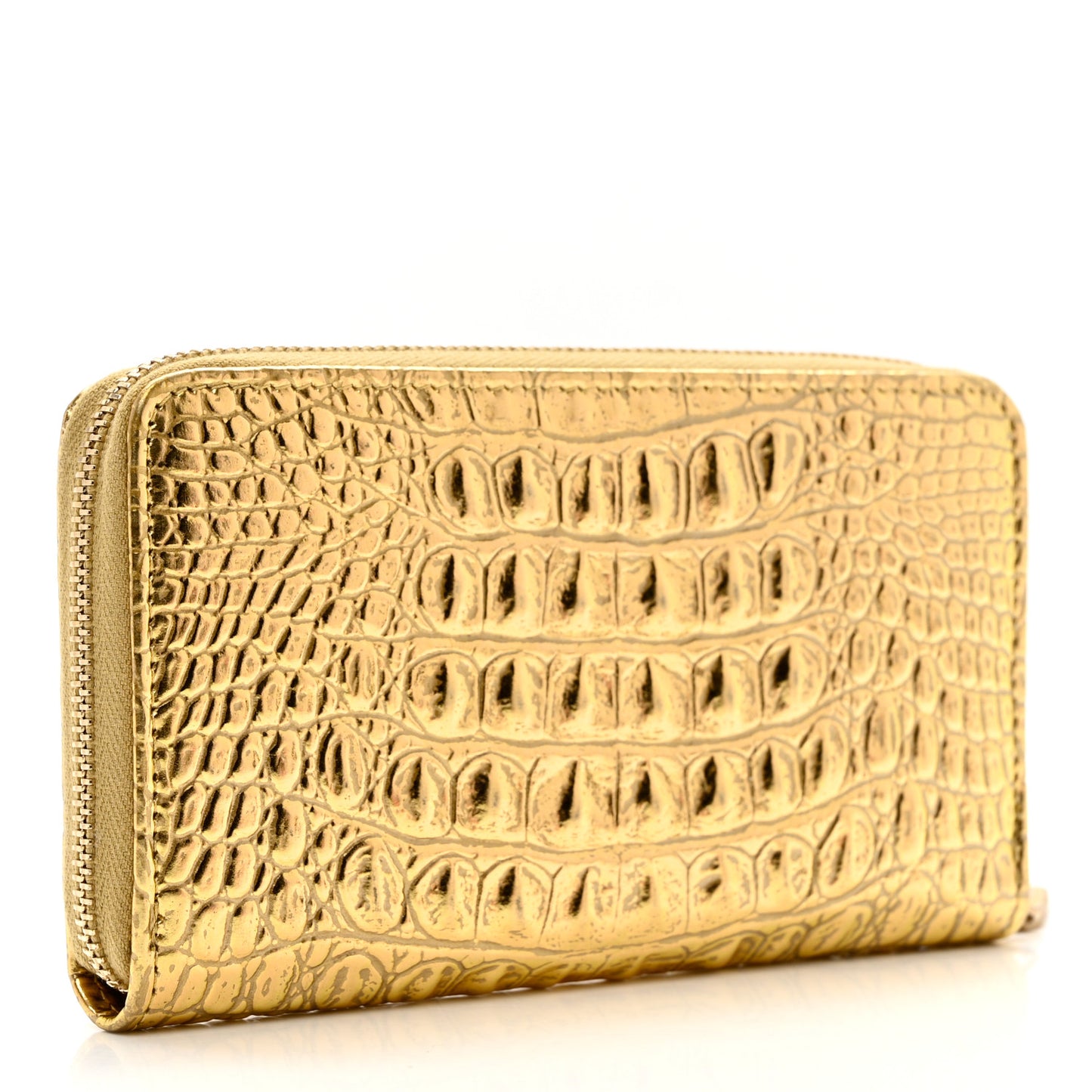 Metallic Calfskin Crocodile Embossed Small Cocodile Zip Wallet Gold