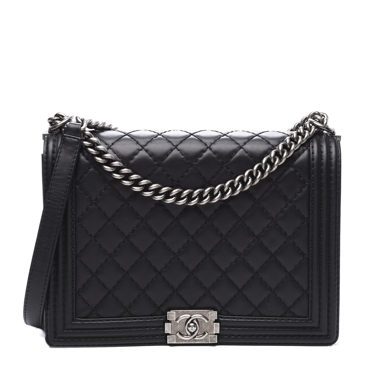 Calfskin Quilted Large Boy Flap Black