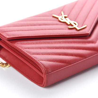 Saint Laurent Grain De Poudre Matelasse Chevron Monogram Chain Wallet New Red 8 of 9