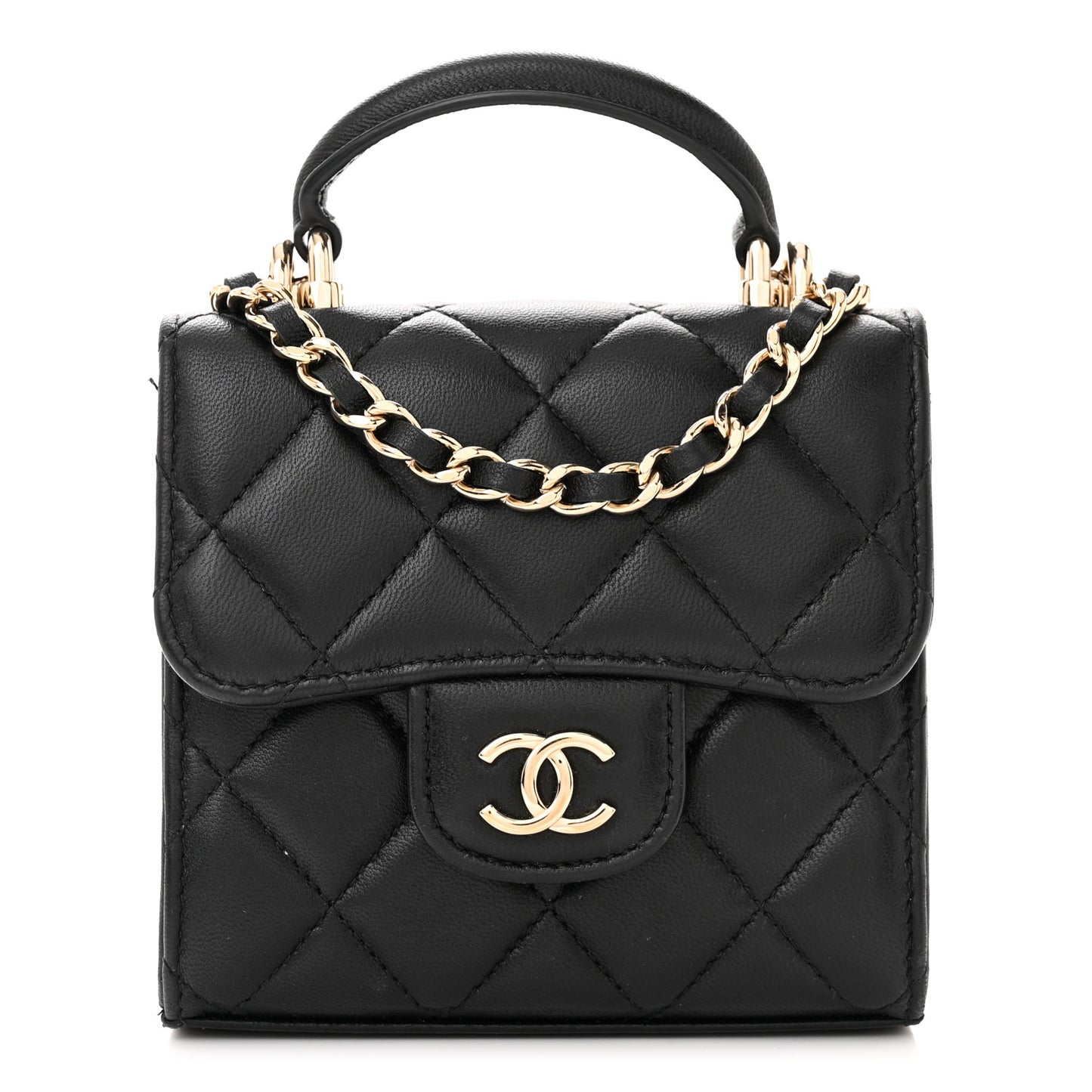 Lambskin Quilted Top Handle Flap Clutch With Chain Black