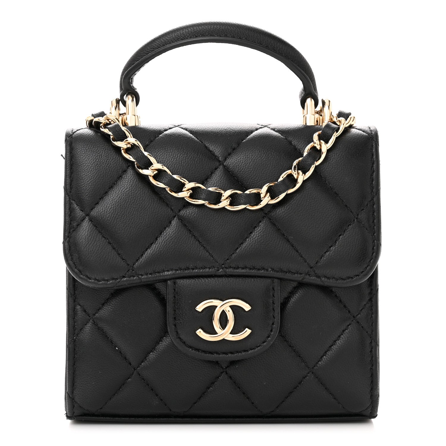 Chanel Lambskin Quilted Top Handle Flap Clutch With Chain Black 1 of 13
