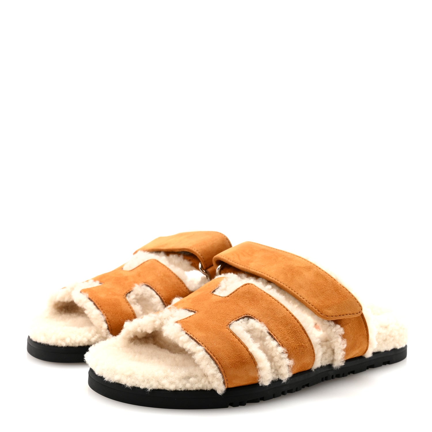 Hermes Suede Goatskin Woolskin Womens Chypre Sandals 37 Brun Fume Ecru 4 of 9