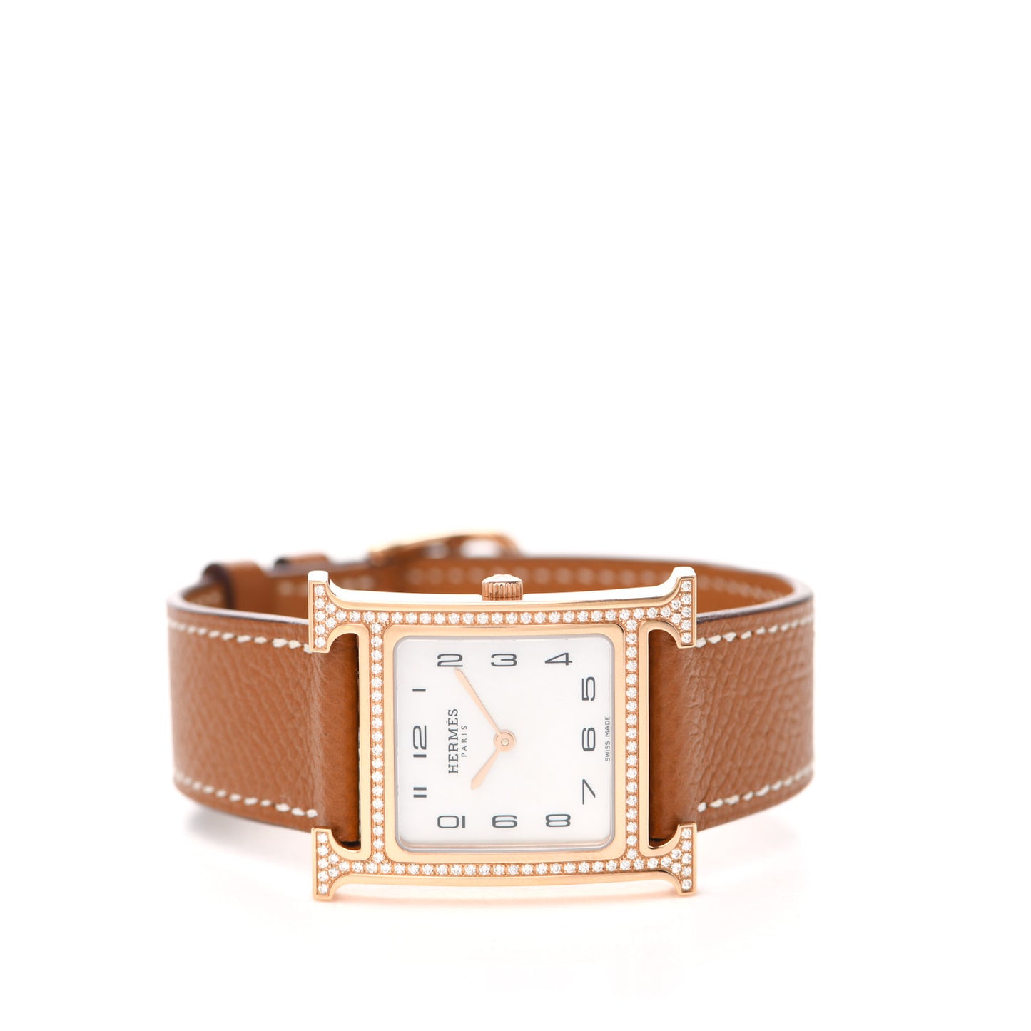 18K Rose Gold Epsom Diamond Bezel Mother of Pearl 26mm Heure H Hour Quartz Watch Gold