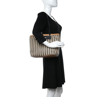 Miu Miu Polyurethane Calfskin Woven Bi-Color Tote Beige Black 2 of 14