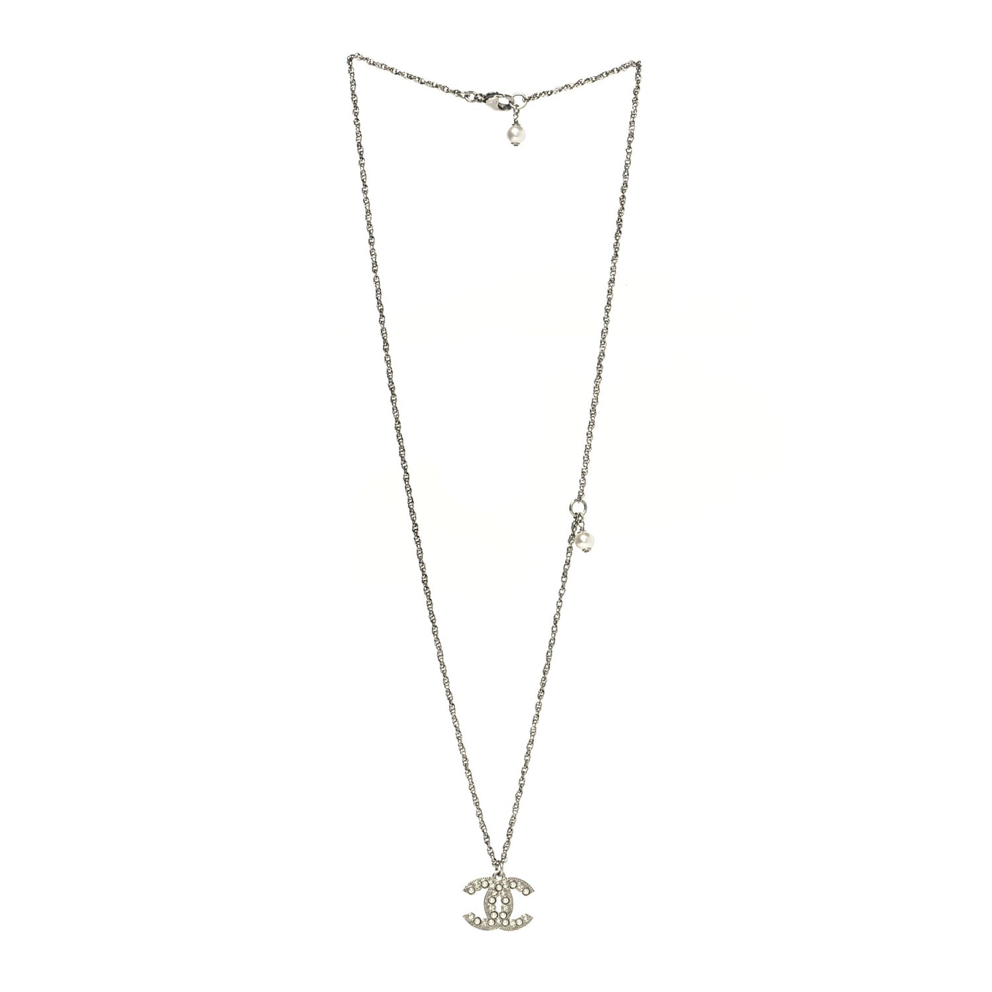 Crystal Pearl CC Pendant Necklace Silver