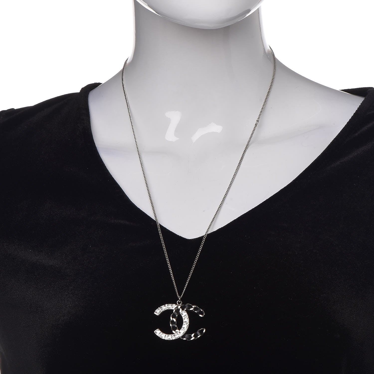 Chanel Lambskin Baguette Crystal CC Necklace Black Silver 2 of 6