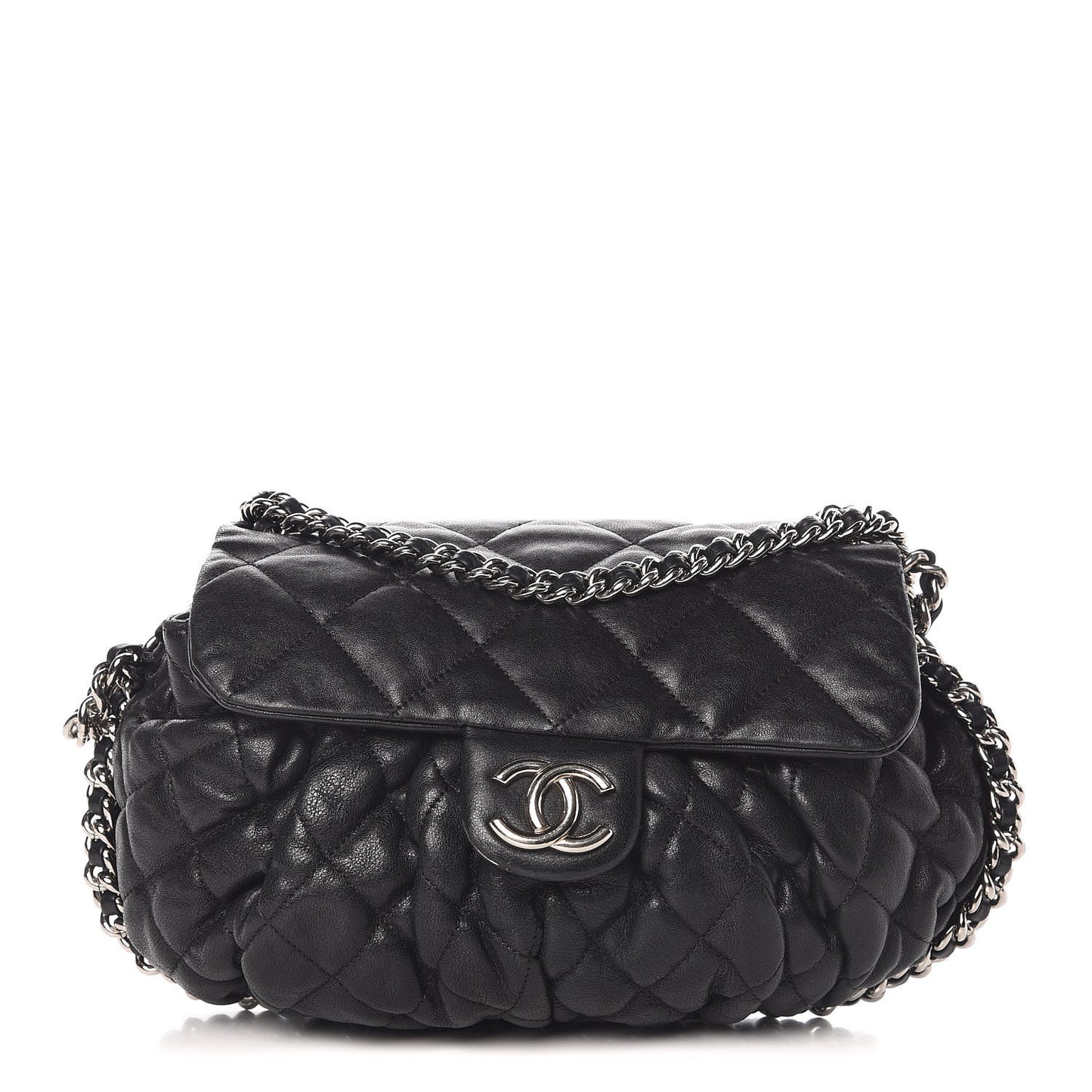 Washed Lambskin Quilted Medium Chain Around Messenger Black