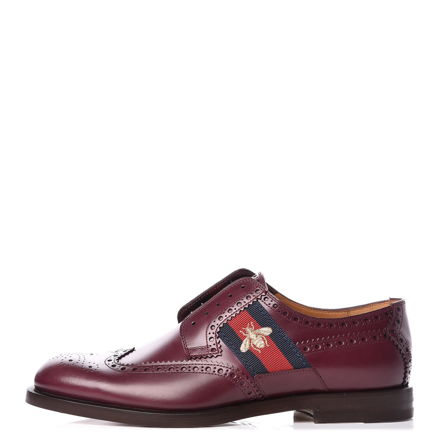 Gucci Calfskin Web Bee Embroidered Mens Slip-On Brogue Wingtip Derby Shoes 7.5 Bordeaux 1 of 9