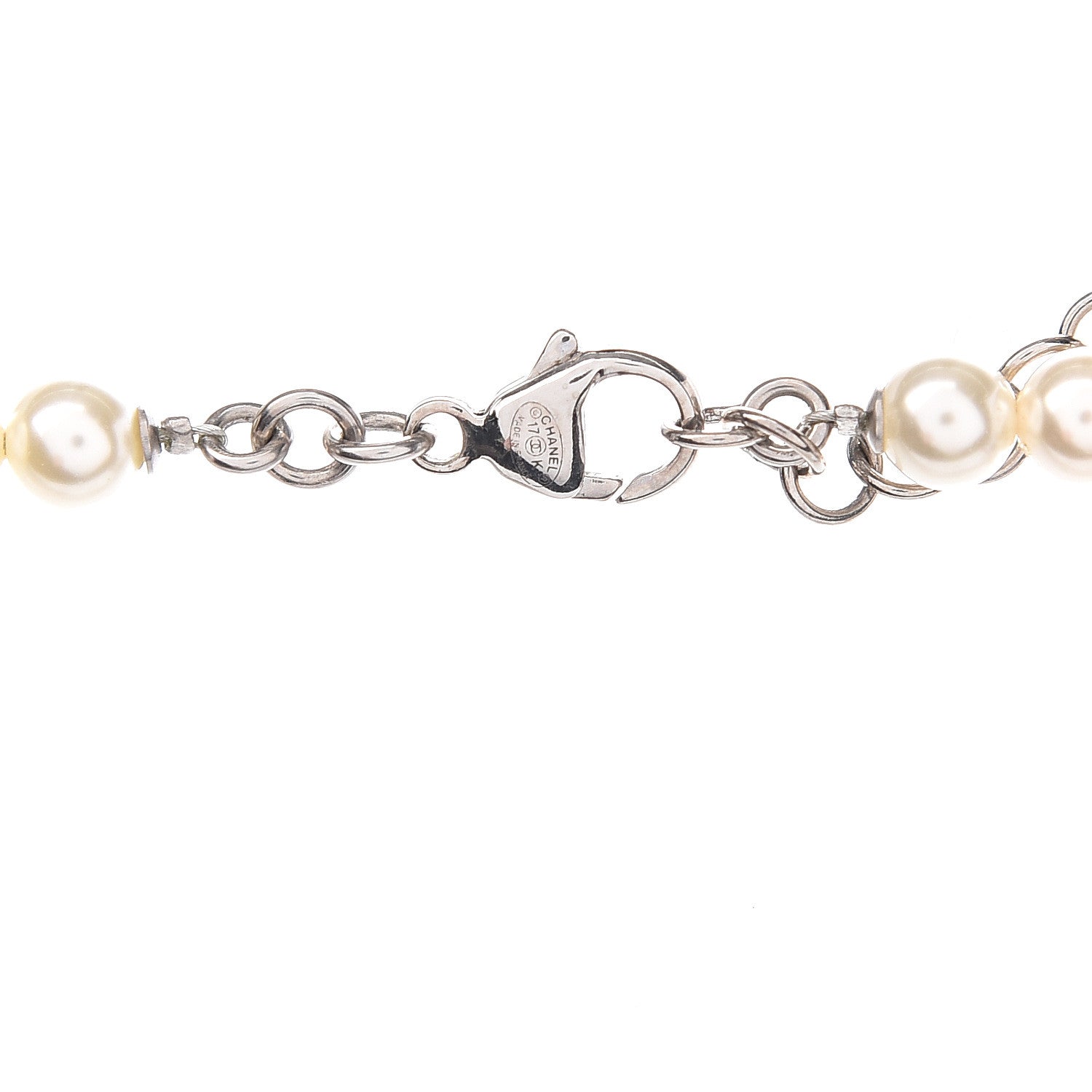Chanel Crystal Pearl CC Braided Necklace Silver Pearly White 5 of 6