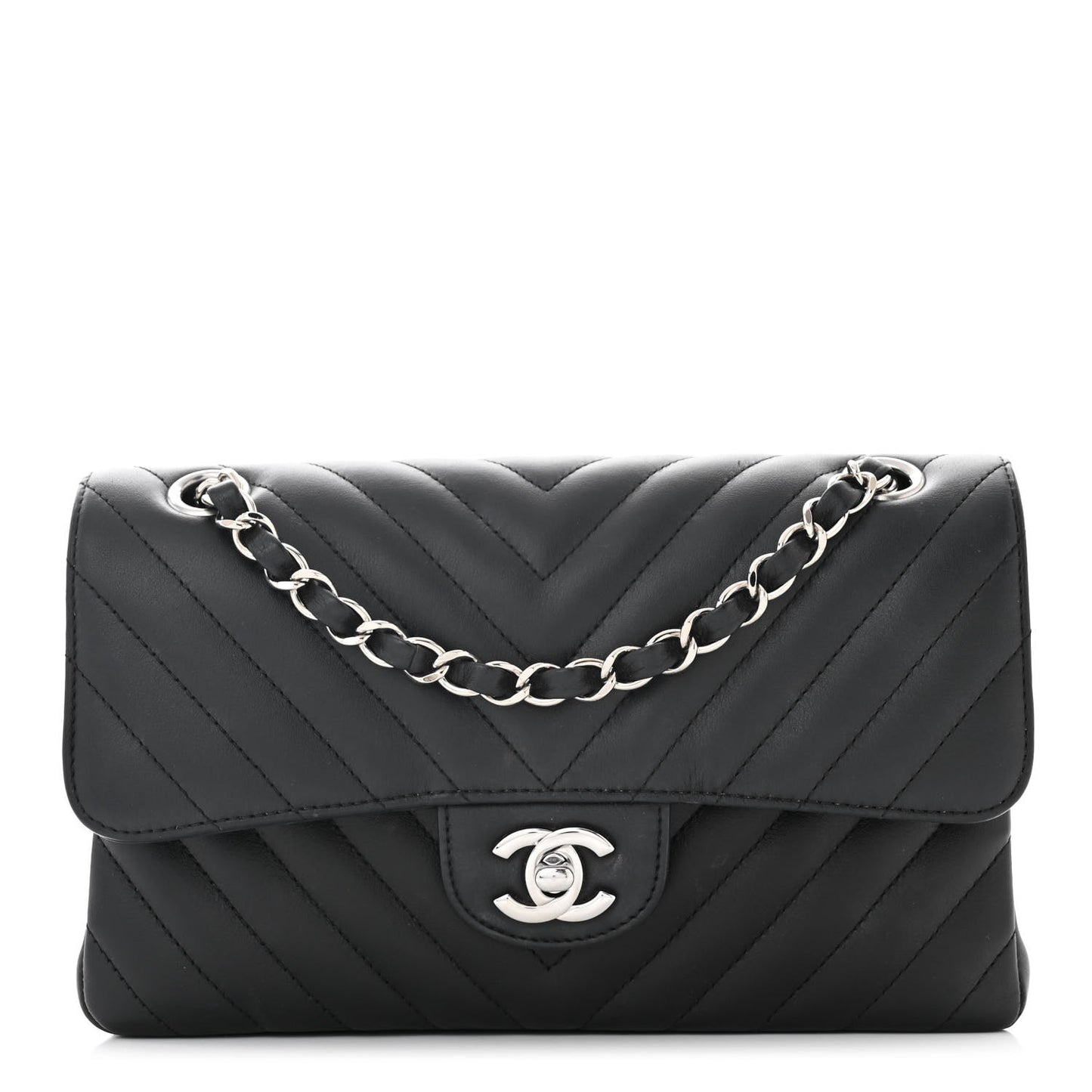 Calfskin Chevron Quilted Small Double Flap Black