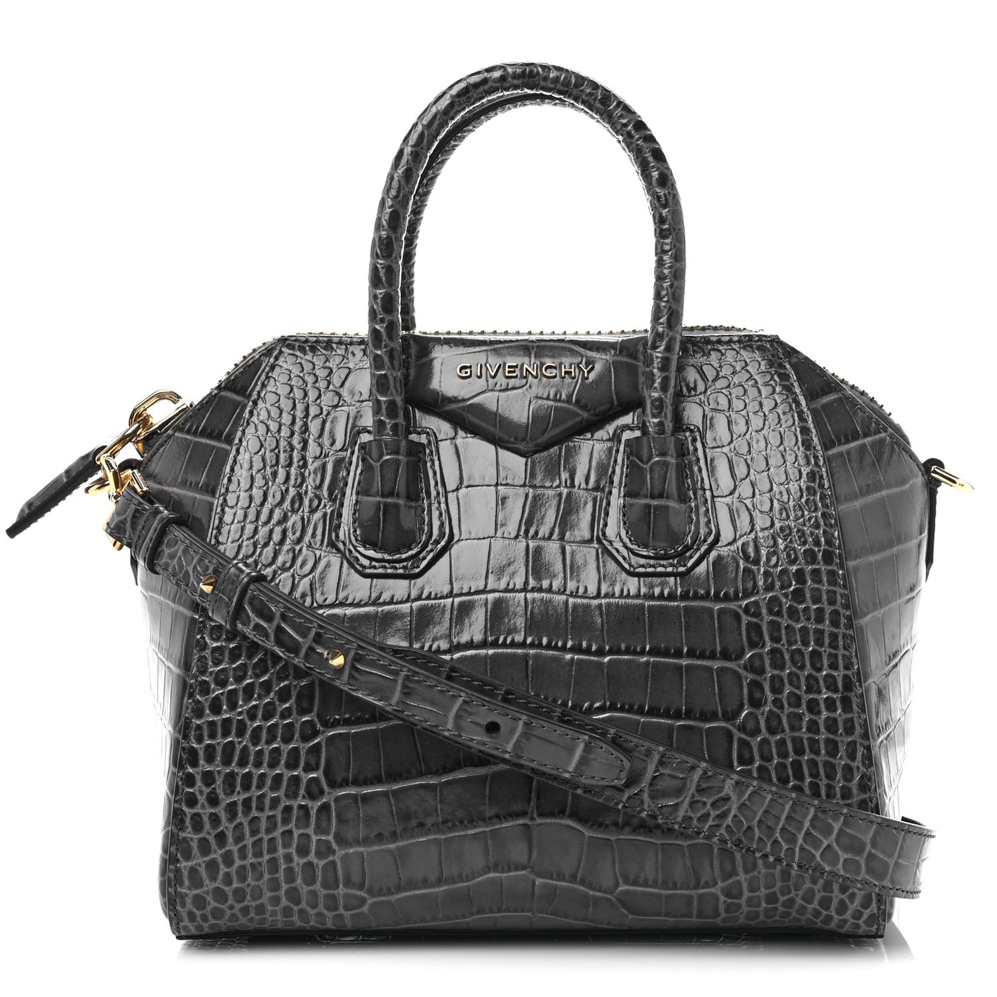 Calfskin Crocodile Embossed Mini Antigona Storm Grey