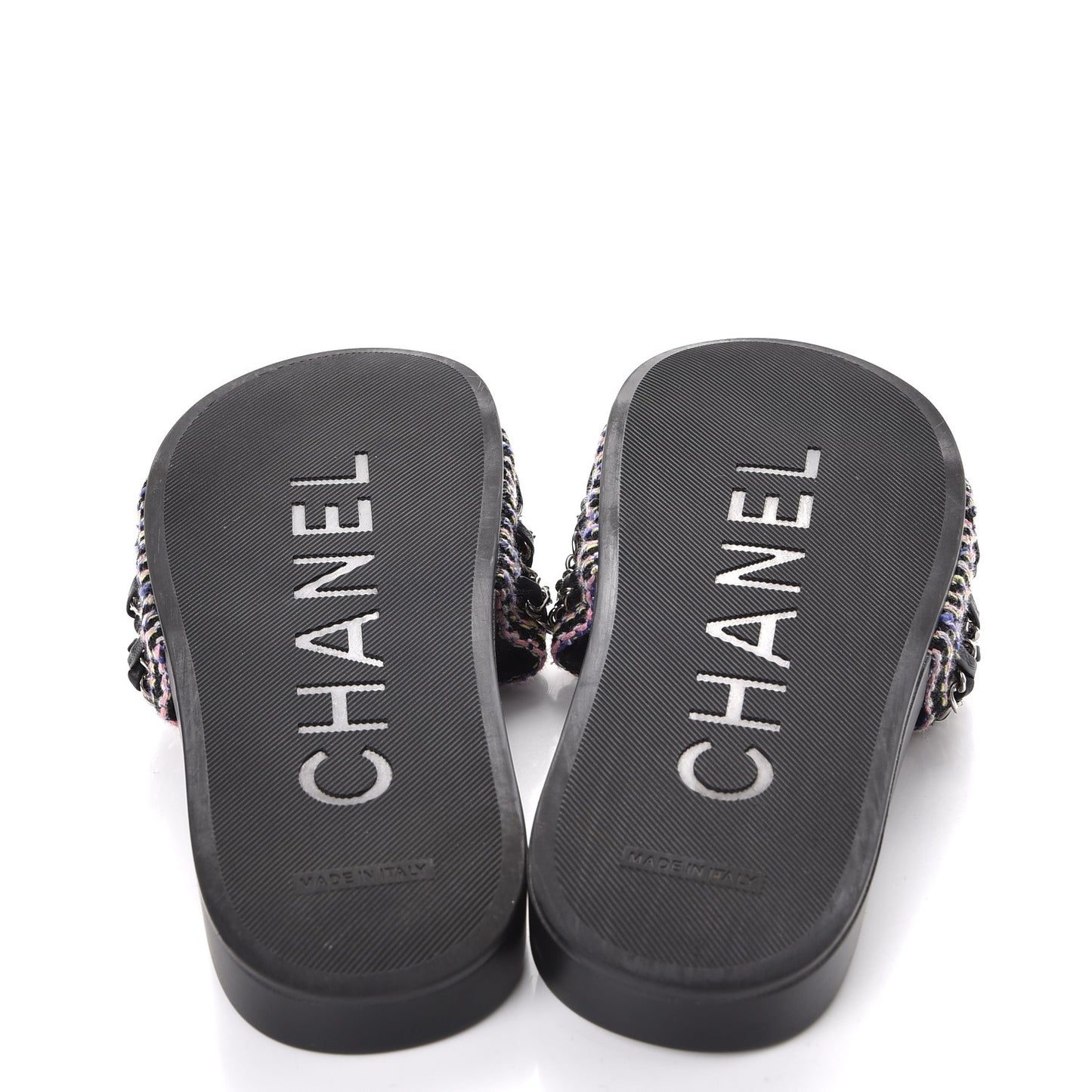 Tweed Lambskin Chain Flat Sandals 38 Black Multicolor