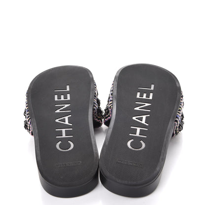 Chanel Tweed Lambskin Chain Flat Sandals 38 Black Multicolor 5 of 8