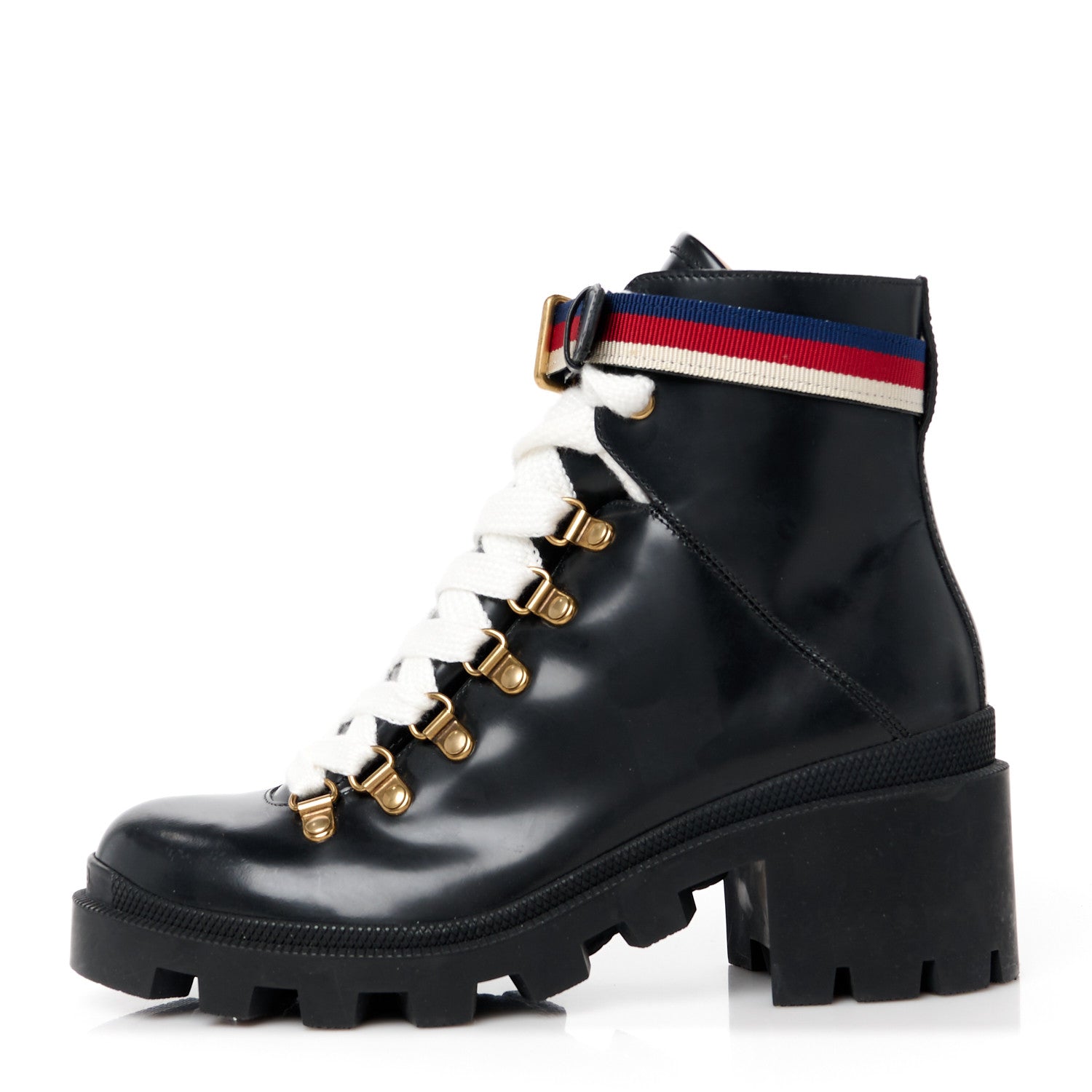Gucci Calfskin Sylvie Web Womens Lace Up Combat Boots 37 Black 1 of 10