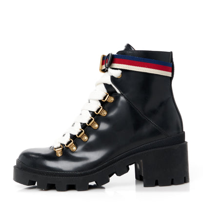 Gucci Calfskin Sylvie Web Womens Lace Up Combat Boots 37 Black 1 of 10