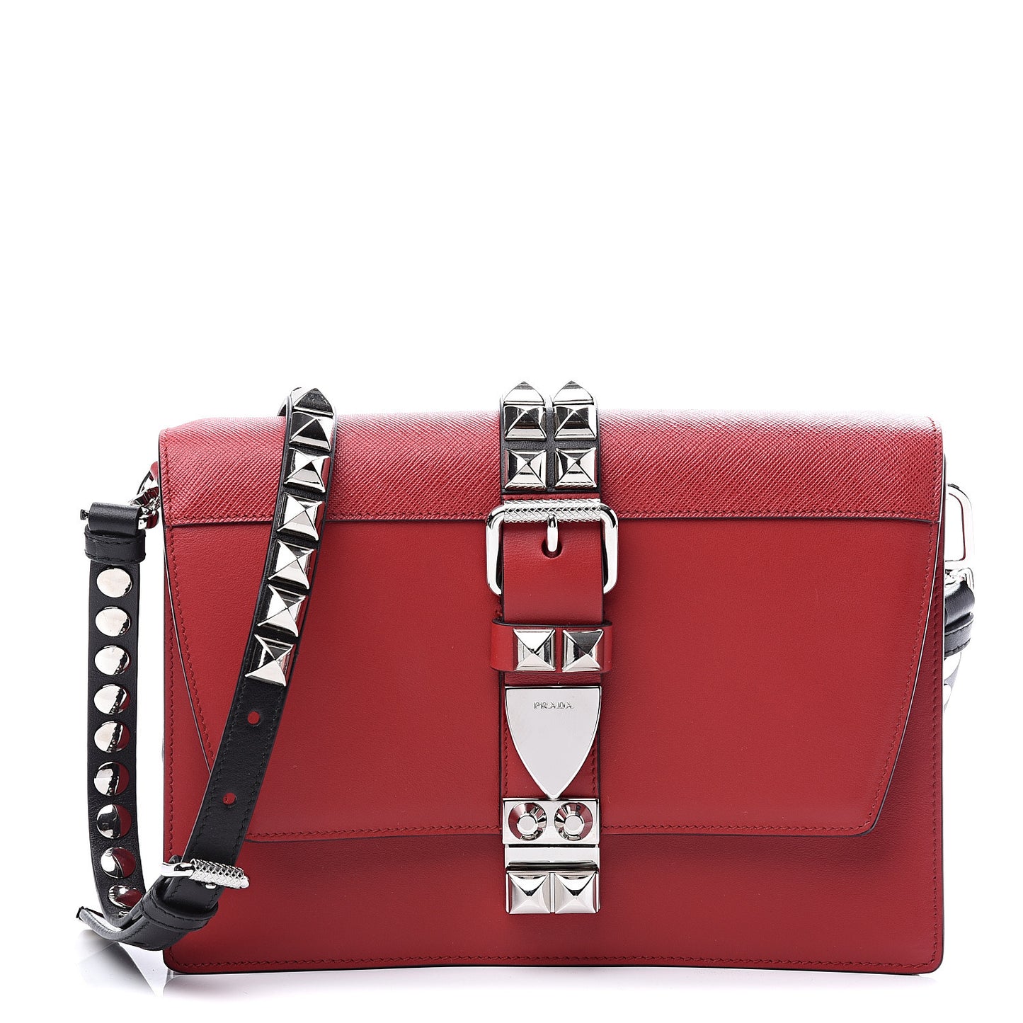 Saffiano City Calfskin Studded Large Elektra Shoulder Bag Fuoco Black