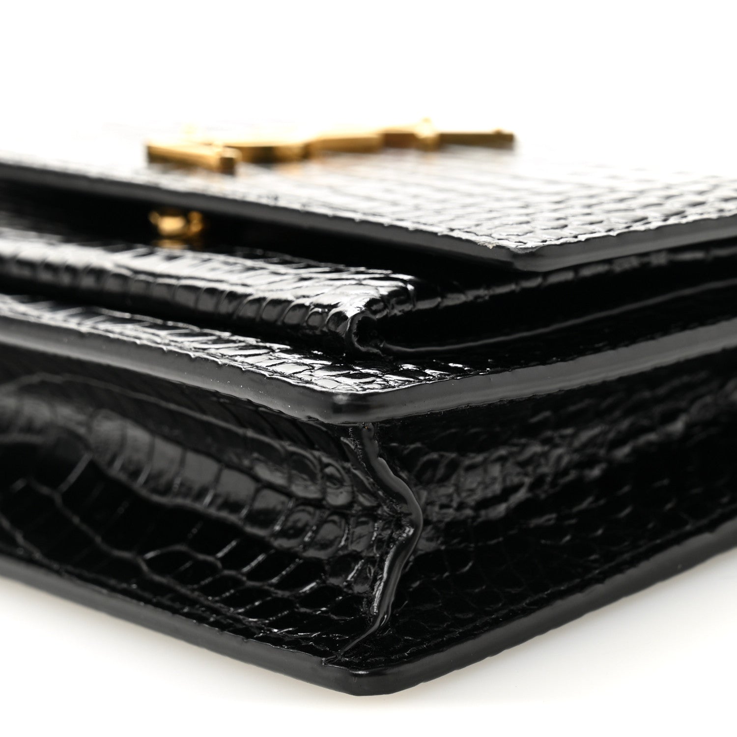 Saint Laurent Calfskin Crocodile Embossed Monogram Sunset Top Handle Chain Wallet Black 15 of 16