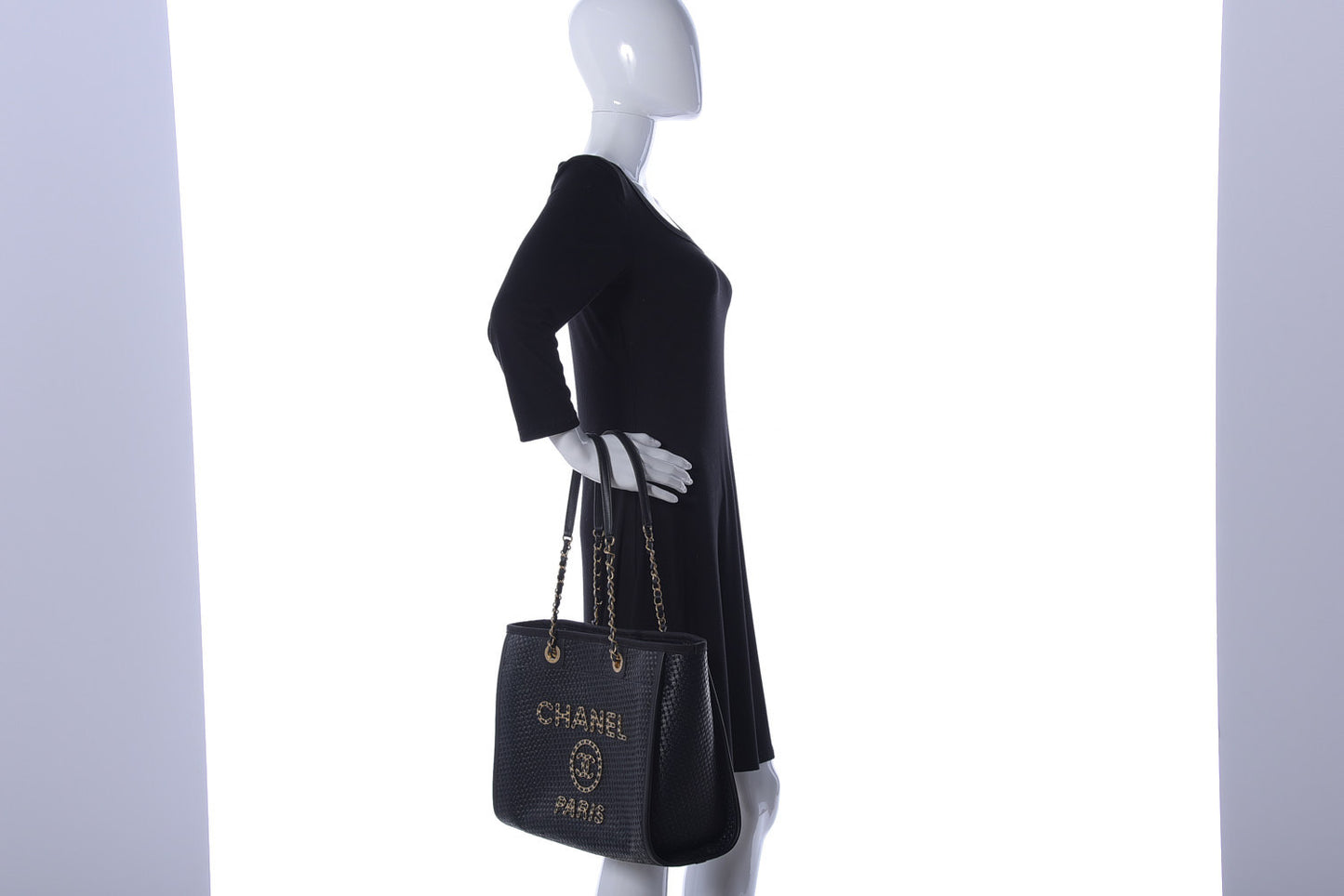 Straw Raffia Calfskin Chain Small Deauville Tote Black