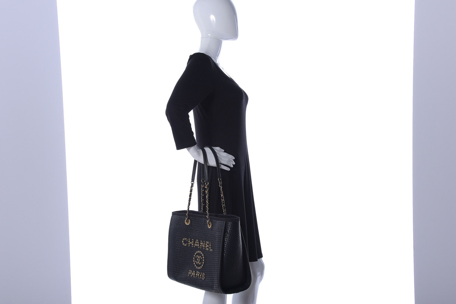 Chanel Straw Raffia Calfskin Chain Small Deauville Tote Black 2 of 13