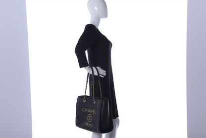 Chanel Straw Raffia Calfskin Chain Small Deauville Tote Black 2 of 13