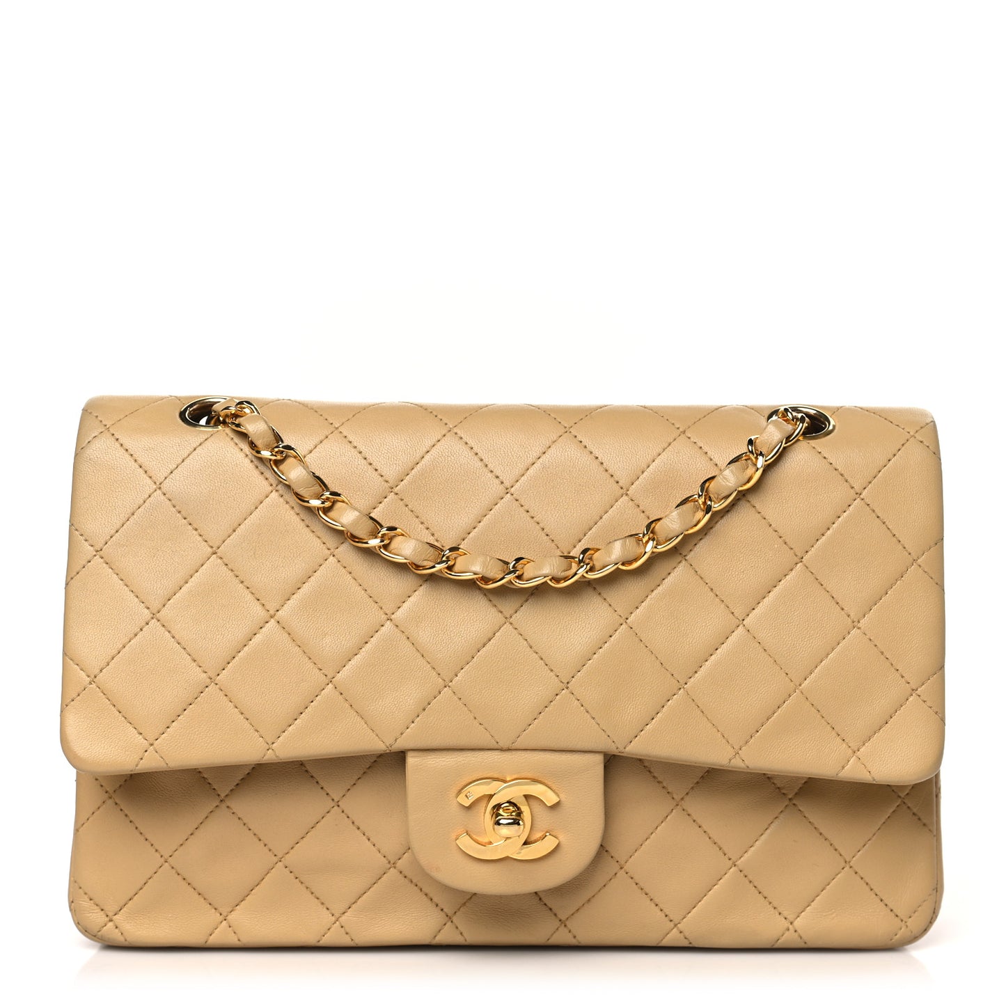 Lambskin Quilted Medium Double Flap Beige
