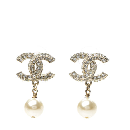 Chanel Crystal Pearl CC Drop Earrings Gold 1 of 5