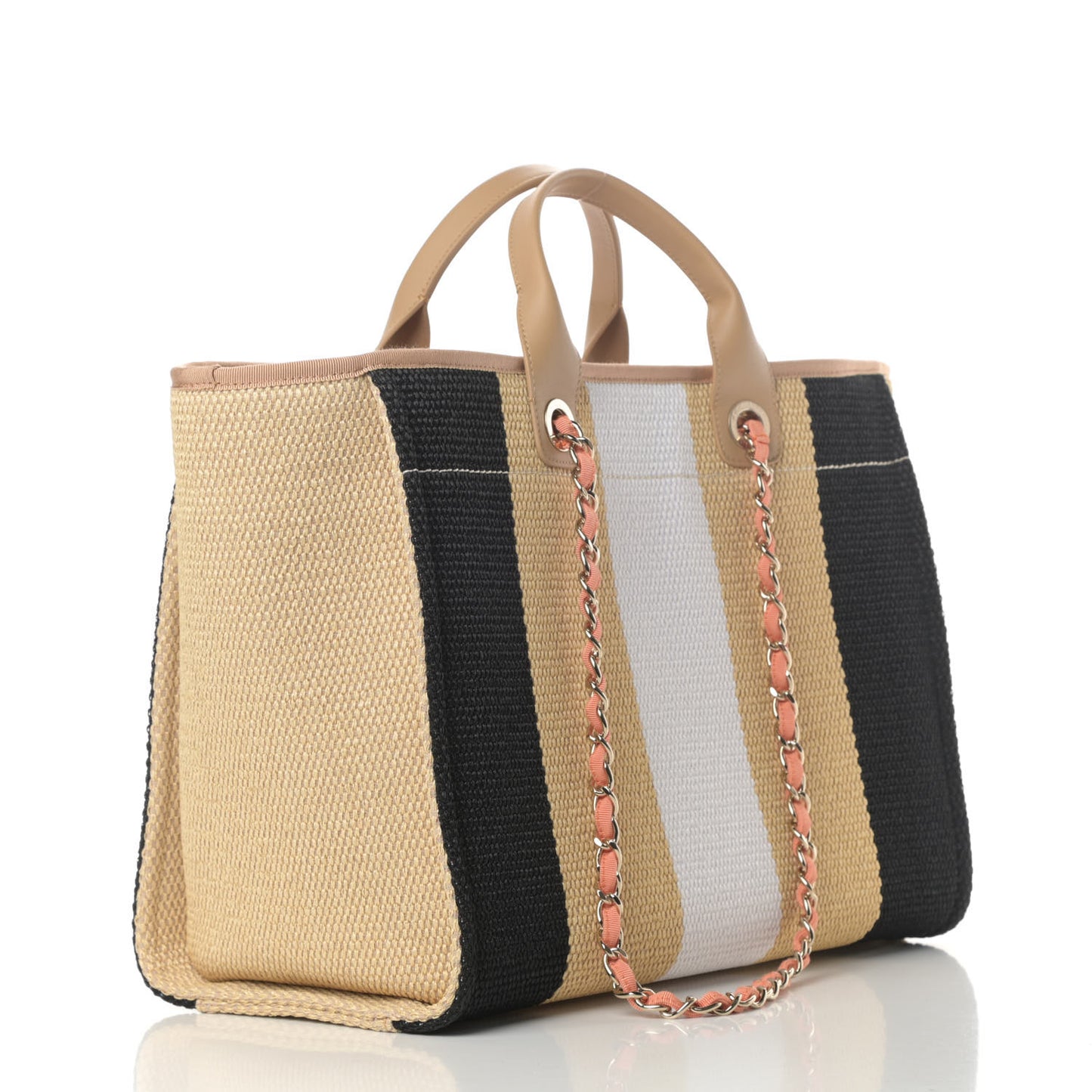 Straw Raffia Calfskin Striped Medium Deauville Tote Black Beige Ivory
