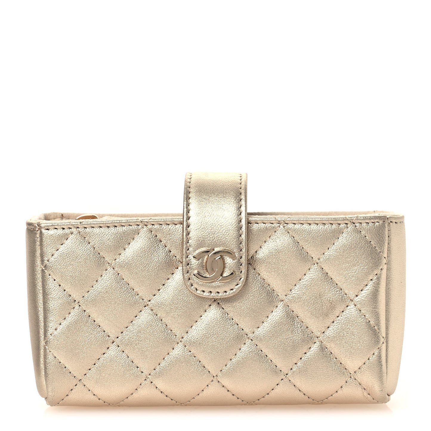 Metallic Lambskin Quilted Mini Phone Holder Clutch Light Gold
