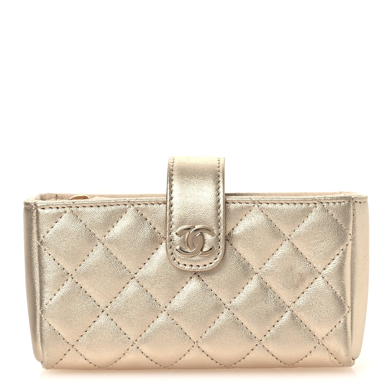 Chanel Metallic Lambskin Quilted Mini Phone Holder Clutch Light Gold 1 of 9