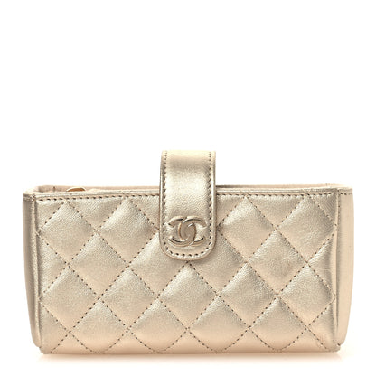 Chanel Metallic Lambskin Quilted Mini Phone Holder Clutch Light Gold 1 of 9