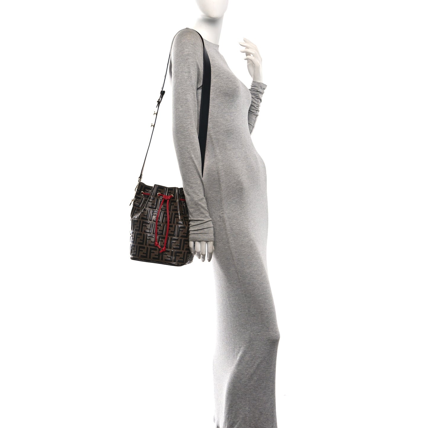 Vitello Grace F is Fendi Bi-Color FF 1974 Embossed Grande Mon Tresor Bucket Bag Maya Black Fragola