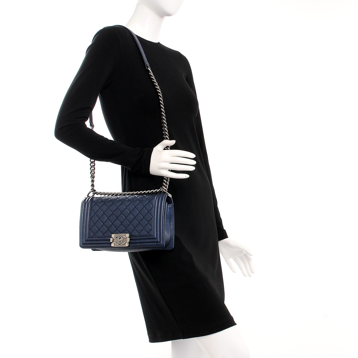 Metallic Calfskin Quilted Medium Boy Flap Navy