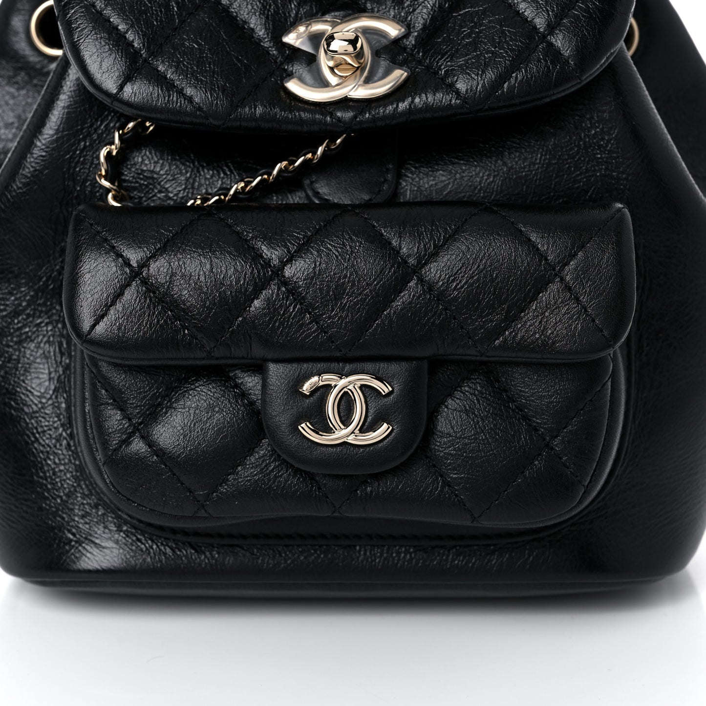 Glazed Aged Calfskin Quilted Small Duma Drawstring Backpack Black