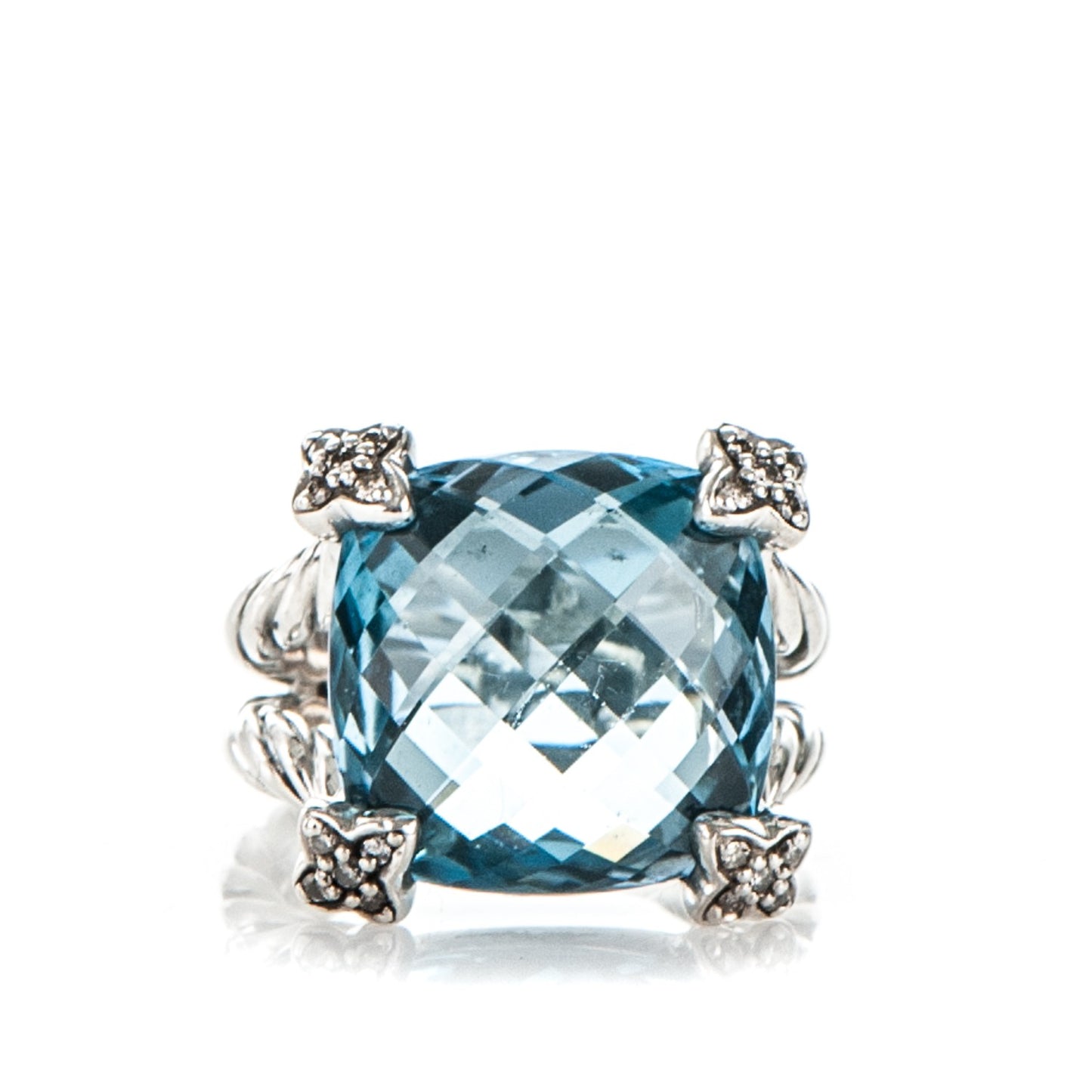 Sterling Silver Pave Diamond Blue Topaz 15mm Cushion On Point Ring 6