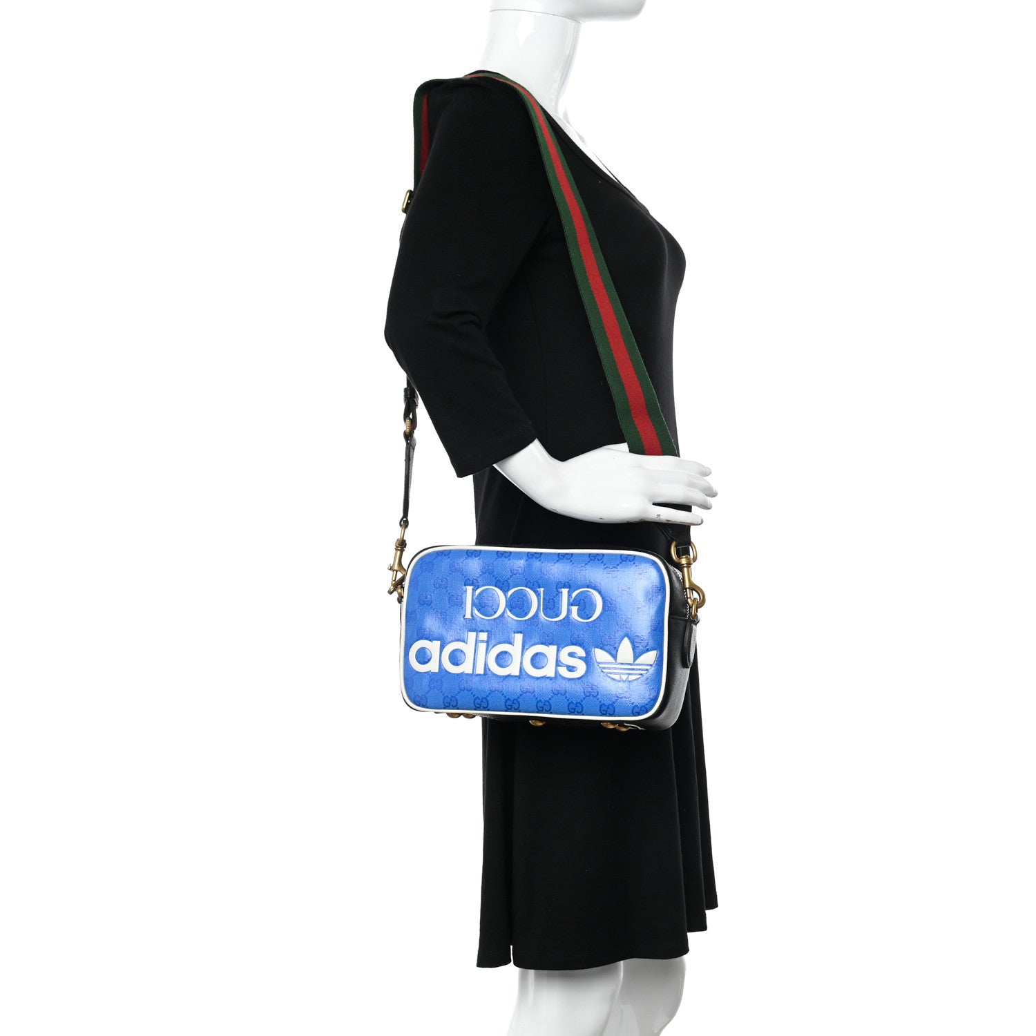 Gucci X ADIDAS Crystal Vintage Monogram Textured Dollar Calfskin Web Trefoil Logo Small Messenger Bag Bright Splash Off White Black 2 of 10