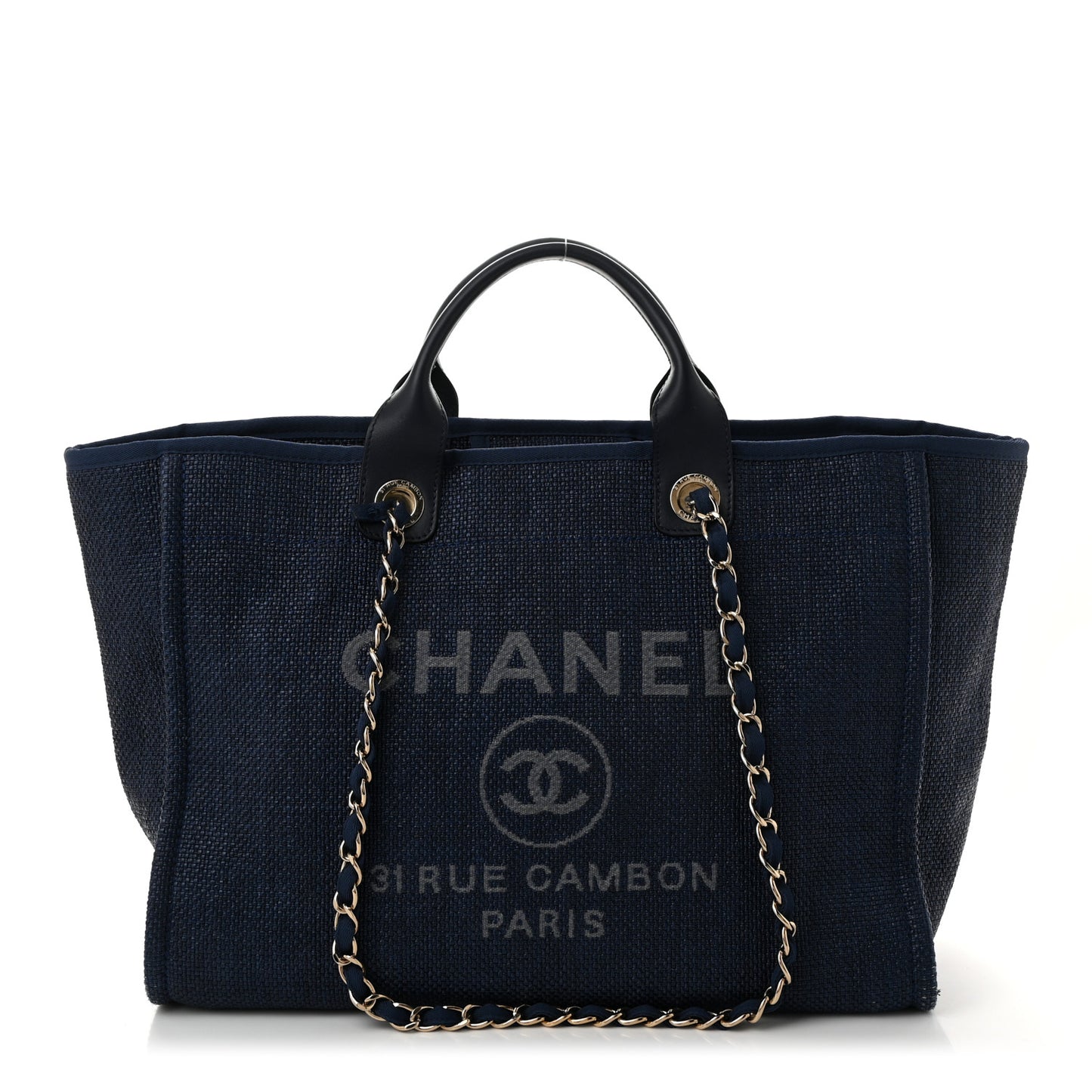 Woven Straw Raffia Medium Deauville Tote Navy