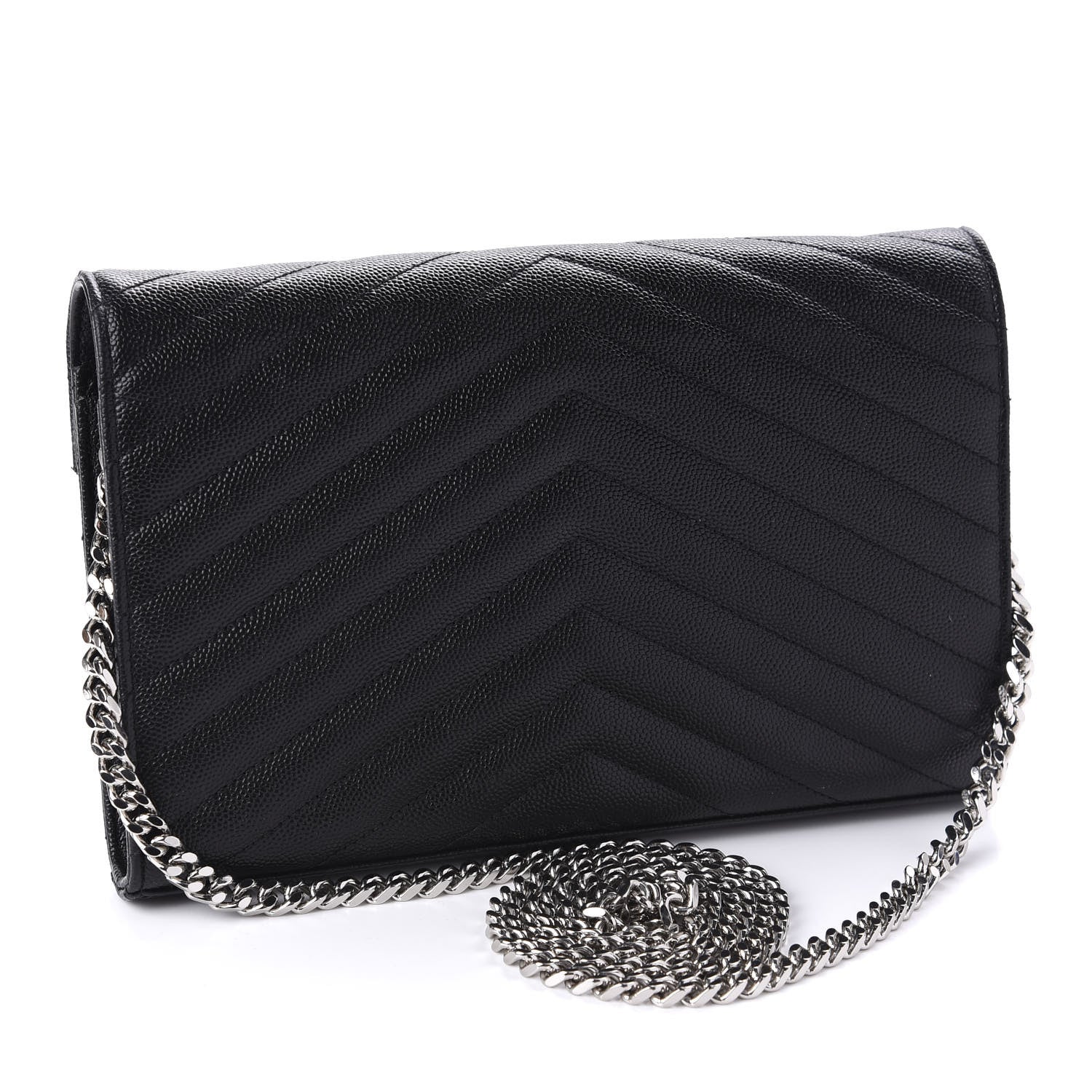 Saint Laurent Grain De Poudre Matelasse Chevron Monogram Chain Wallet Black 3 of 11
