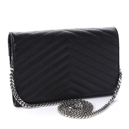 Saint Laurent Grain De Poudre Matelasse Chevron Monogram Chain Wallet Black 3 of 11