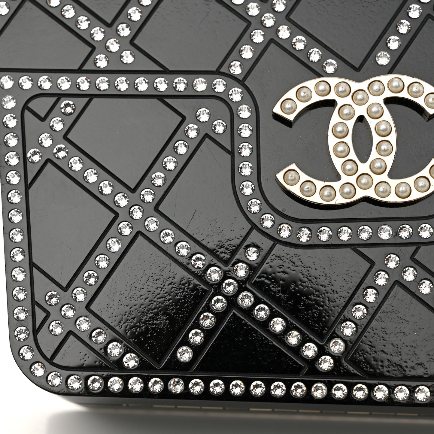 Plexiglass Crystal Quilted Minaudiere Clutch Black White